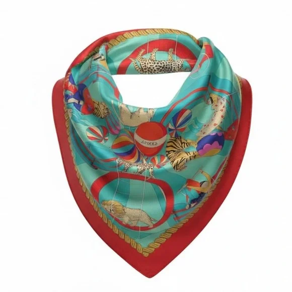 Hermes Circus 100% Silk Scarf in Red and Turquoise